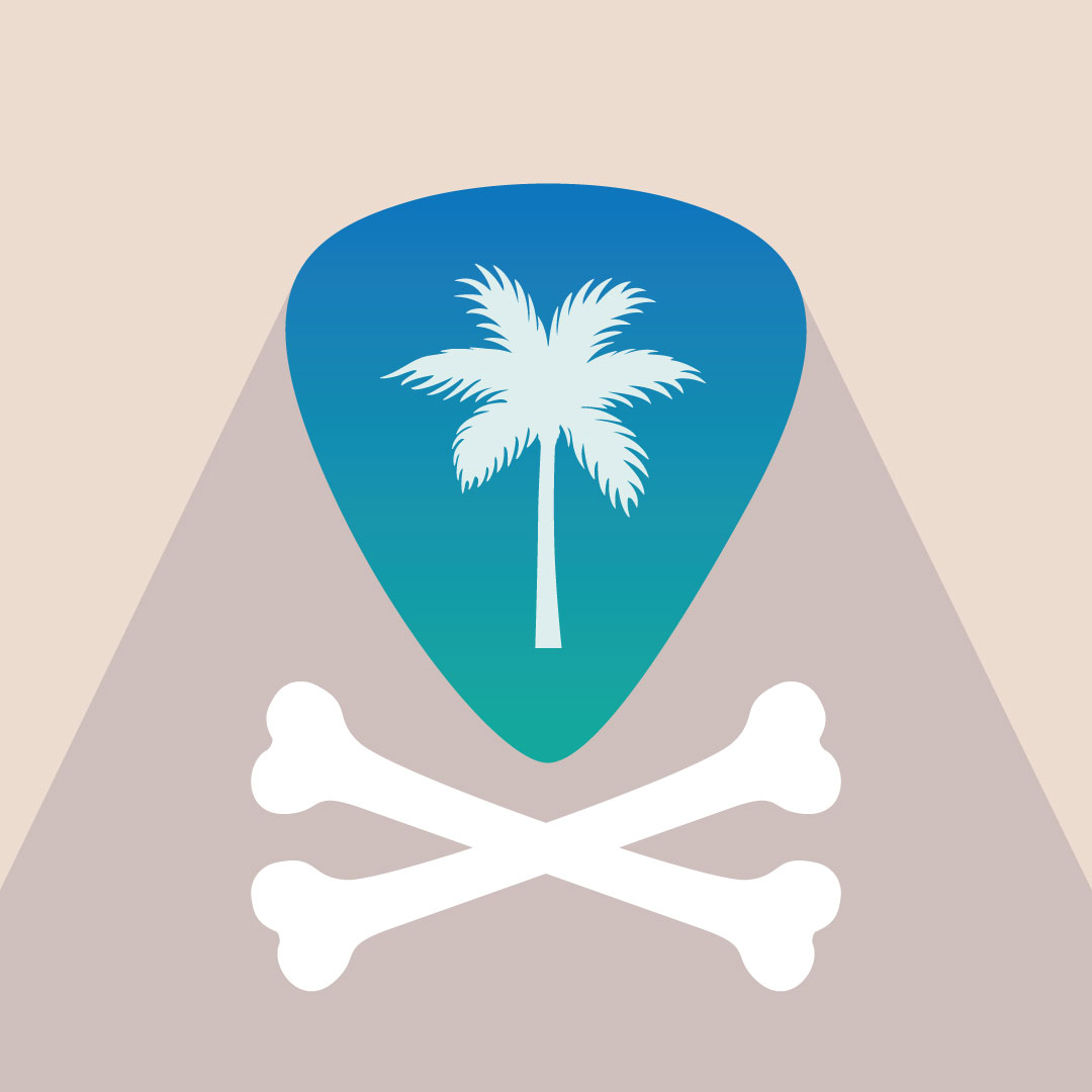 Palm tree guitar pick over skull bones