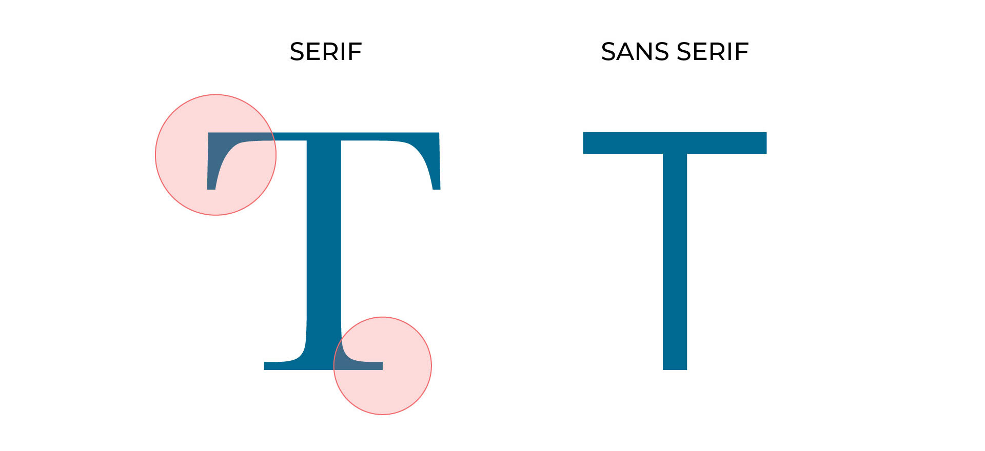 example of the letter "T" as a serif font and Sans Serif font. 