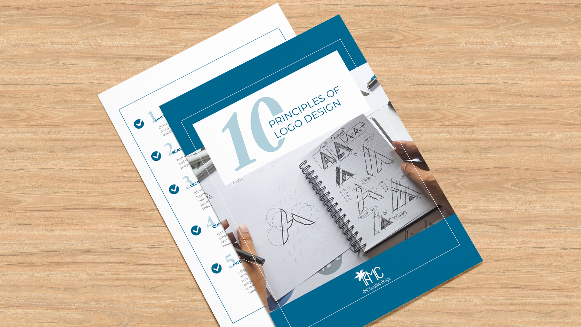 image on wooden background of the cover and page 1 of a digital download about the 10 Principals of Logo Design. 