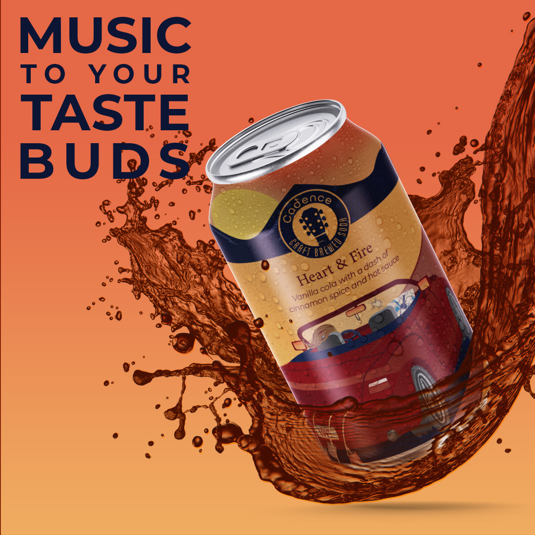 Cadence Craft Brewed Soda Heart & Fire can packaging design by AMC Creative Design, featuring a colorful label and soda splash.