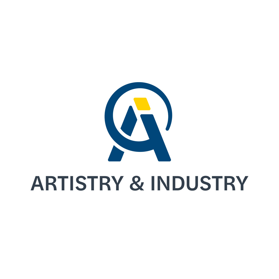 Artistry & Industry primary logo featuring a geometric blue monogram, yellow accent, and dark gray wordmark on a white background.
