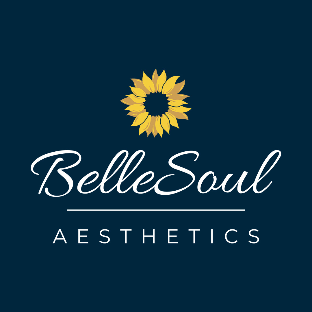 BelleSoul Aesthetics logo design featuring white script lettering, a yellow sunflower icon, and a dark navy background.