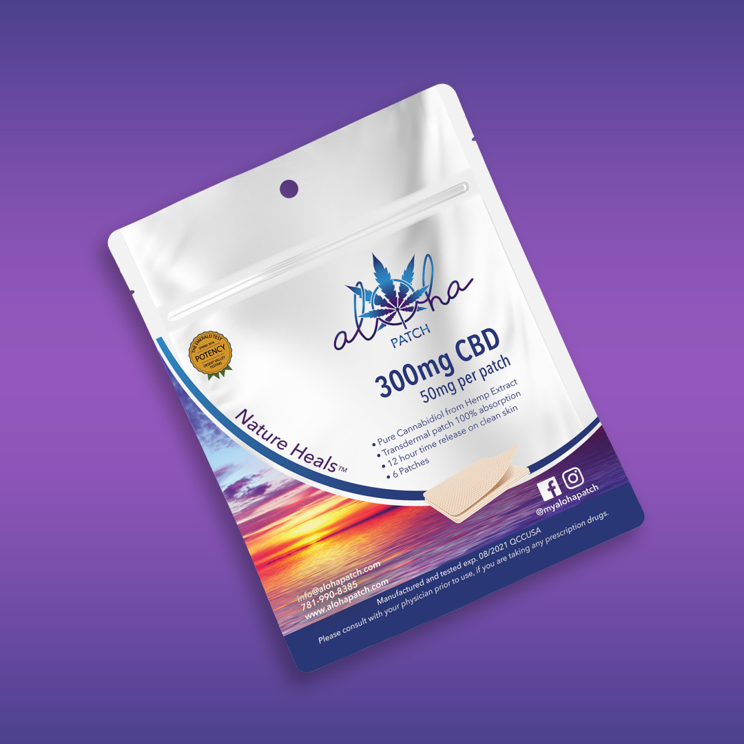 Aloha Patch CBD packaging design featuring a white resealable pouch with custom logo, tropical sunset imagery, and purple background.