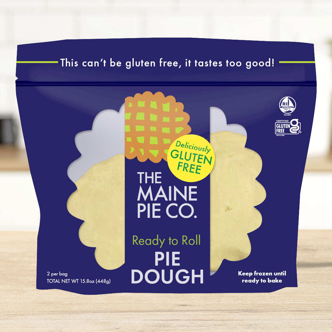 The Maine Pie Co. gluten-free pie dough packaging design featuring a navy blue bag with a pie-shaped window.